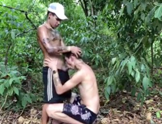 Flagra gay: novinho chupa rola no meio do mato até safado gozar